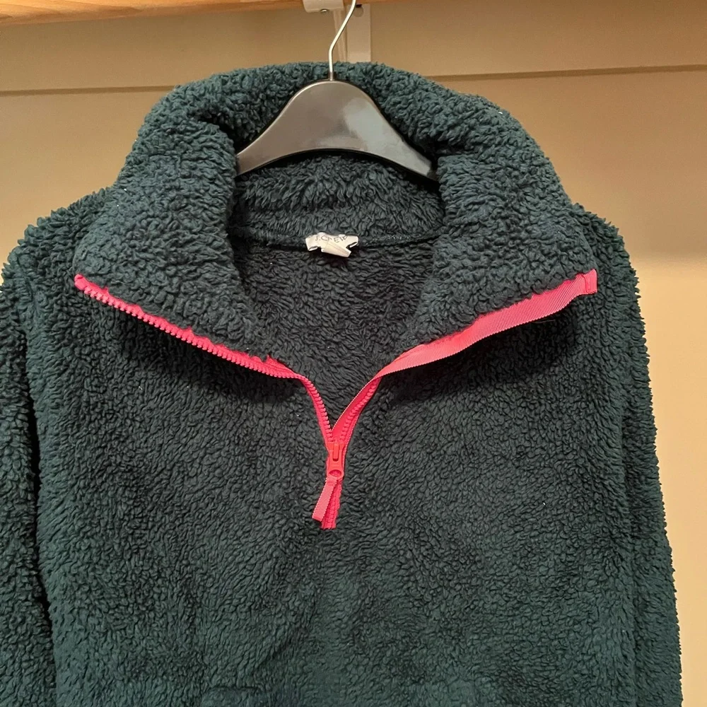 J. Crew Dark Green Fleece with Pink Zipper Accent - Picture 2 of 5